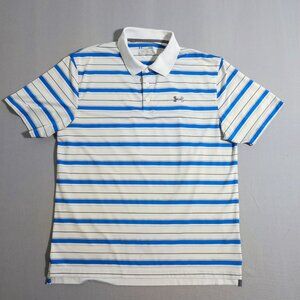 Under Armour Golf polo shirt men's size L loose fit white blue stripes